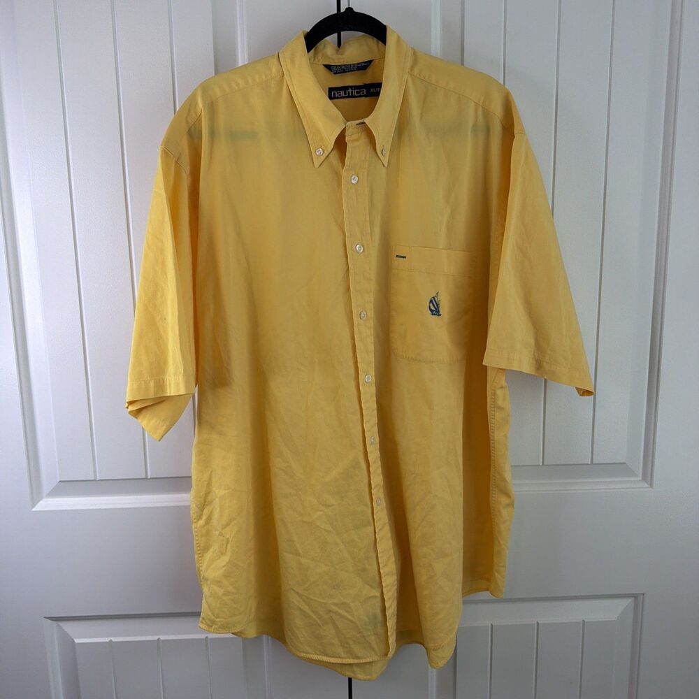 Nautica Men's Button Up Shirt Size L Yellow Embroidered Logo Made In USA